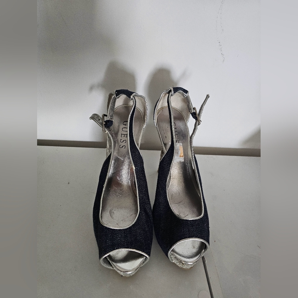 GUESS Blue Jean and Silver Peep-Toe Heels